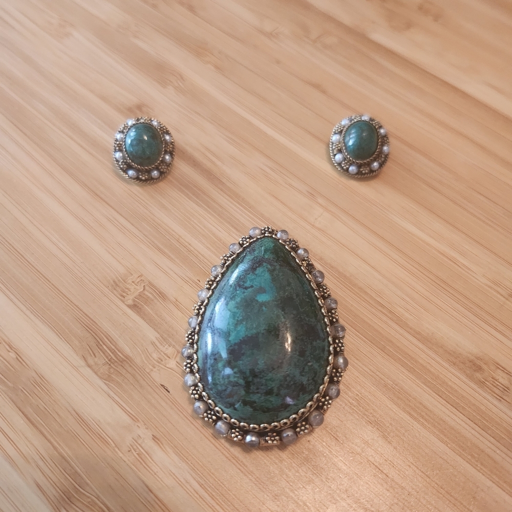 925 Sterling Silver Vintage ISRAEL Green Eliat Stone Pendant / Pin Brooch & clip